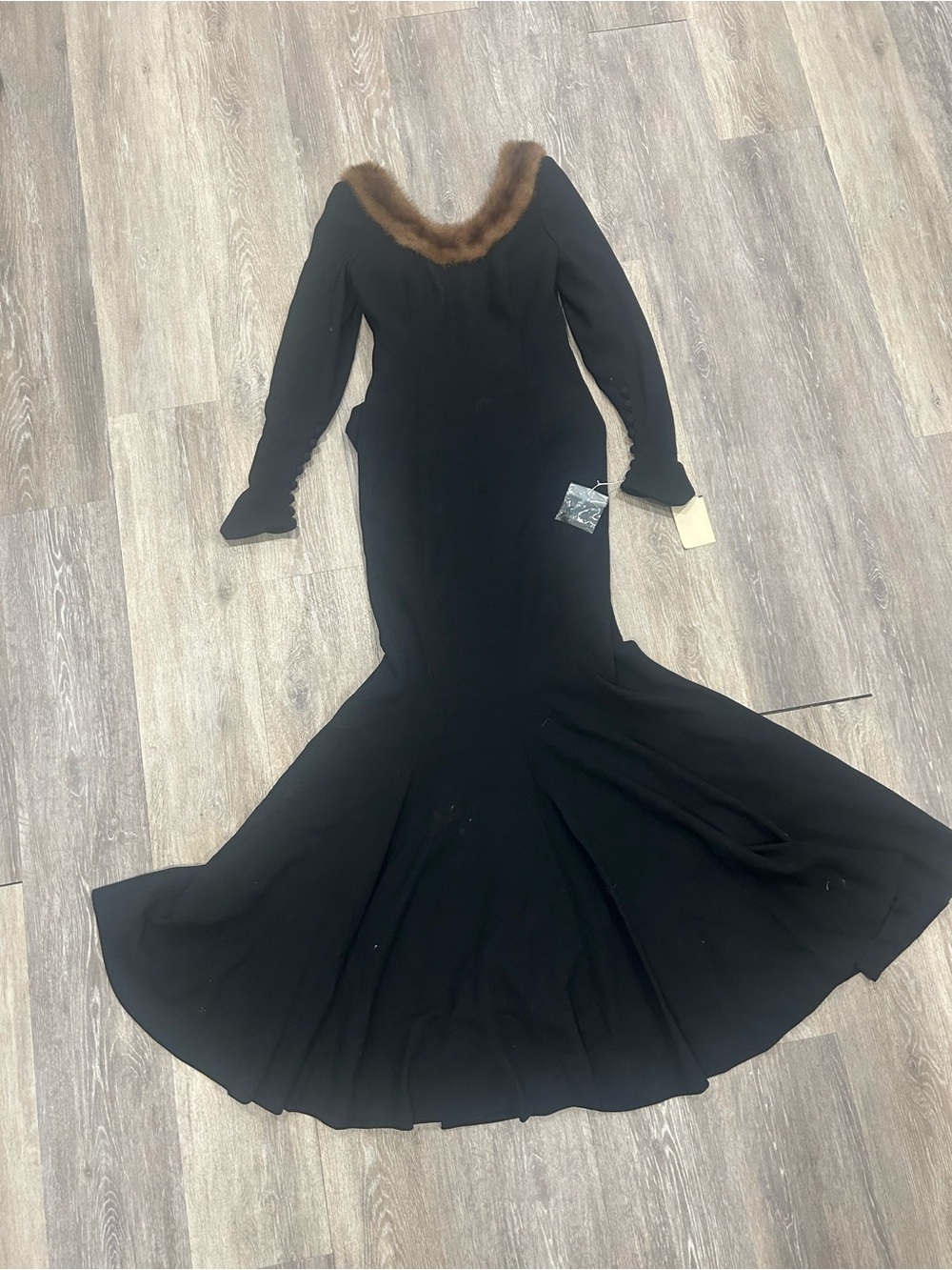 Rare NWT Rena Lange $4335 Black Mermaid Evening Gown Fur Collar Peplum Back Sz 6